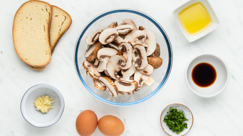 ingredients for garlicky mushrooms toast with fried egg
