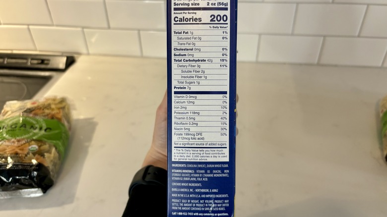 Nutrition information on box of Barilla pasta