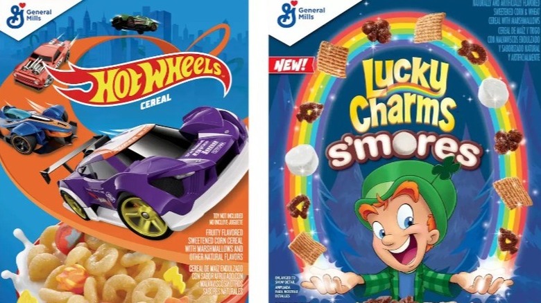 General Mills Hot Wheels and Lucky Charms S'mores cereals 