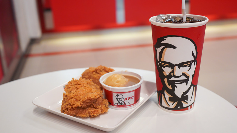 KFC meal with fried chicken, mashed potatoes and cola