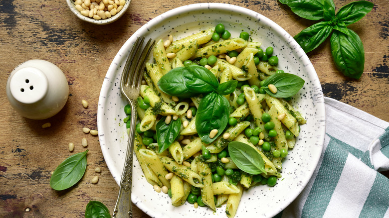 White plate with spring pasta