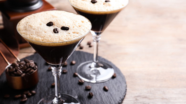 two espresso martinis on a serving tray