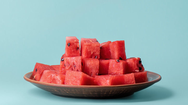 Cubed watermelon on a plate