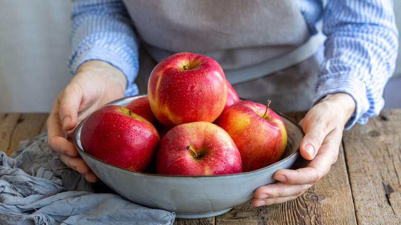 Hands holding bowl full of red apples