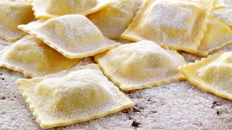 Ravioli pasta in flour