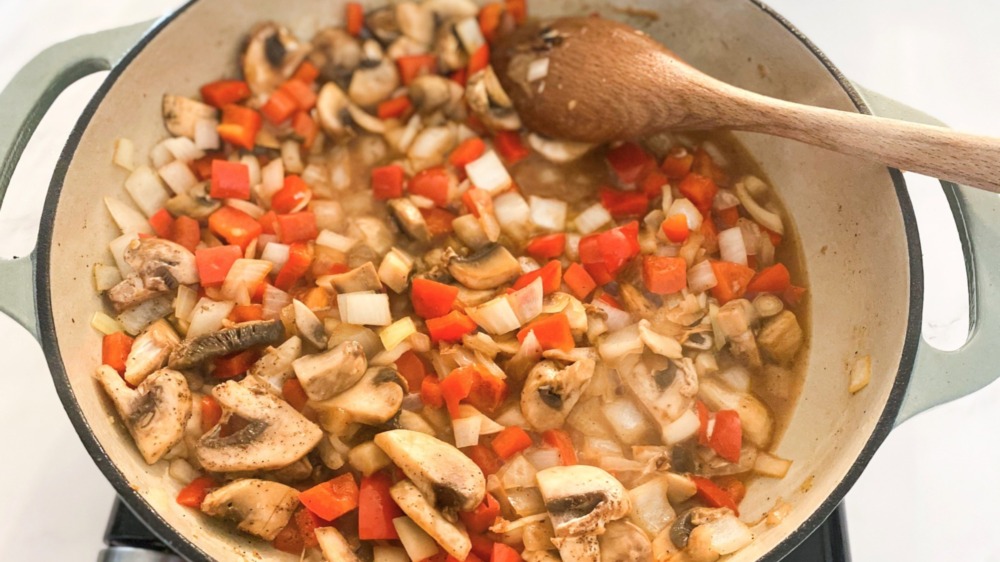 chicken cacciatore cooking in pan