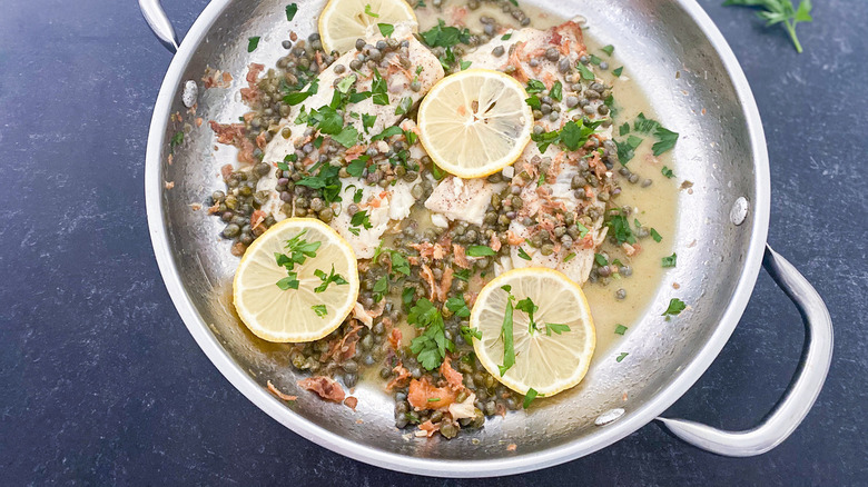 tilapia piccata in a pan