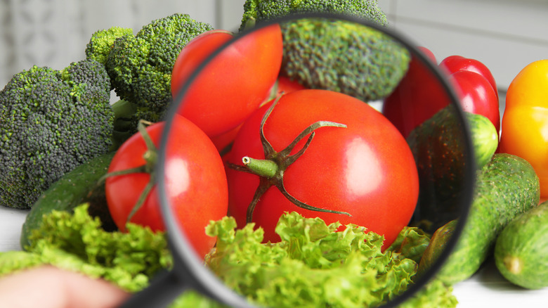 magnifying glass inspecting vegetables