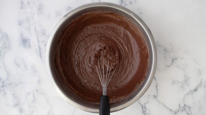 chocolate pancake batter in bowl