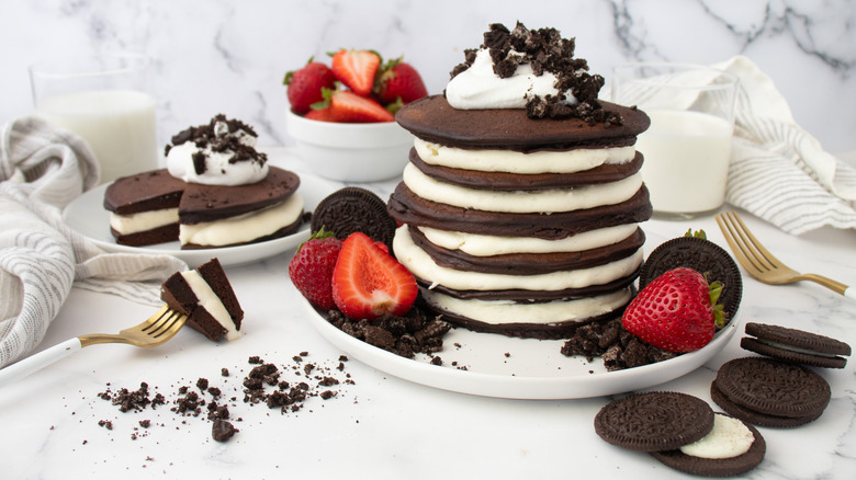 stacked oreo pancakes with strawberries