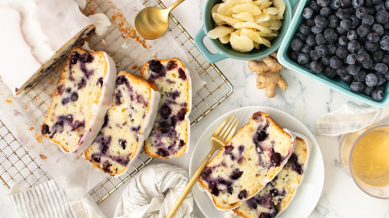 blueberry quick bread with towel