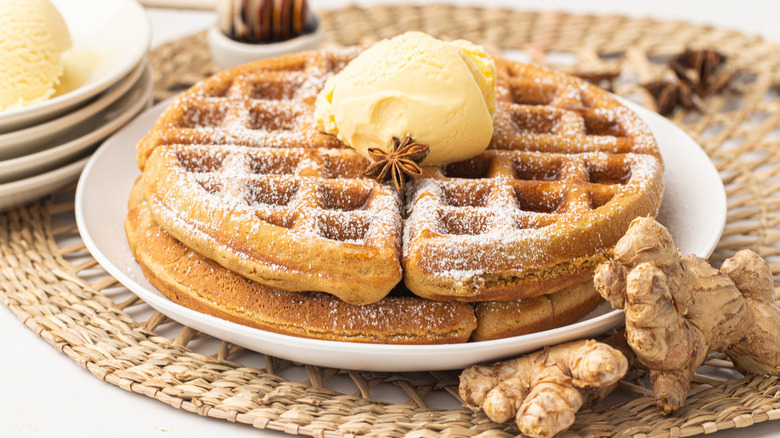 Gingerbread waffles topped with ice cream