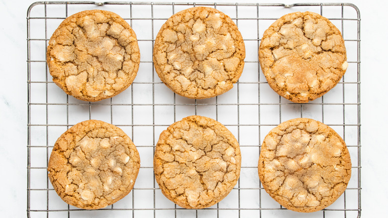 Gingerbread white chocolate cookies on wire rack