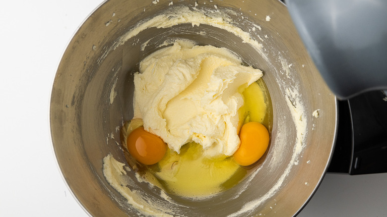 eggs and dough in mixer