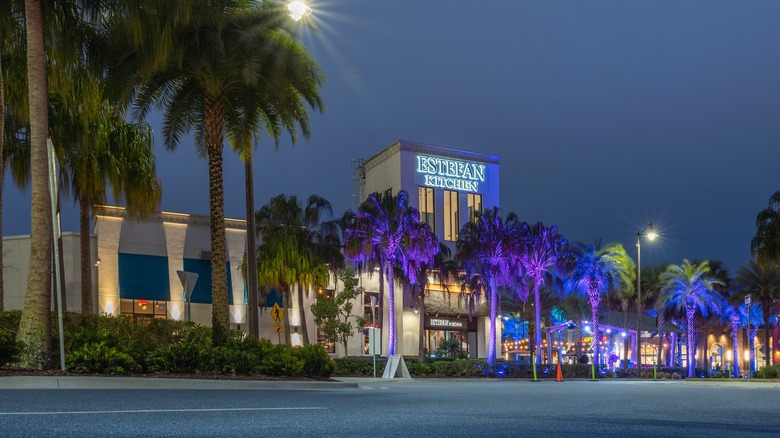 Estefan Kitchen at night with palm trees lit by purple lights