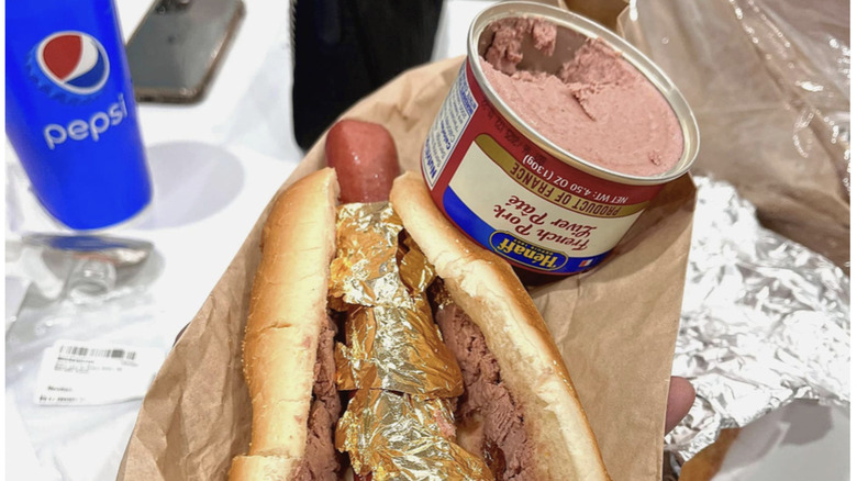 Hot dog with gold leaf and pork liver pate