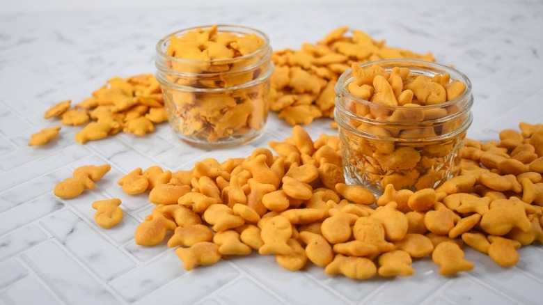 jars of goldfish and penguins baked cheddar crackers