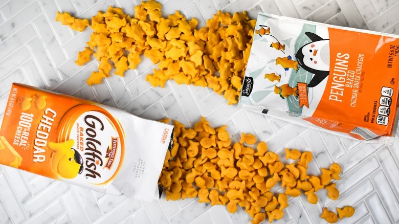 Bags of Goldfish and Penguins cheddar crackers