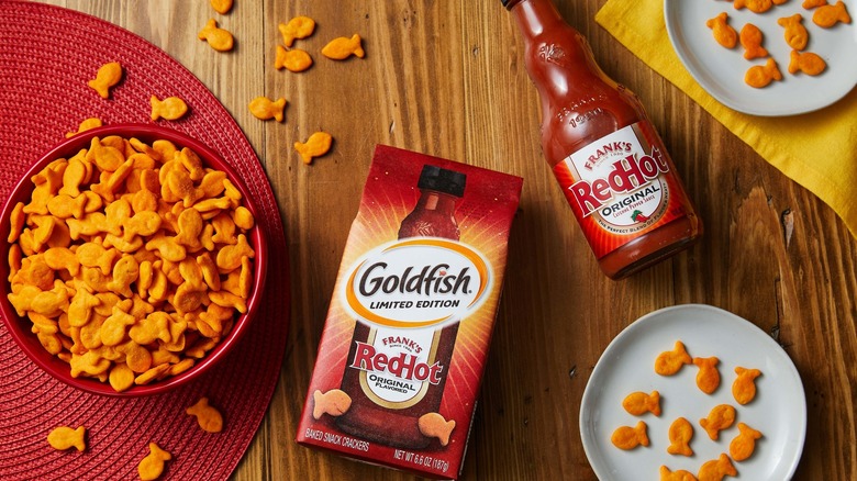 Goldfish crackers and bottle of Frank's RedHot