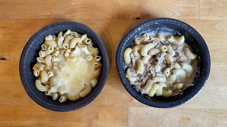 Two bowls of macaroni and cheese microwave meals