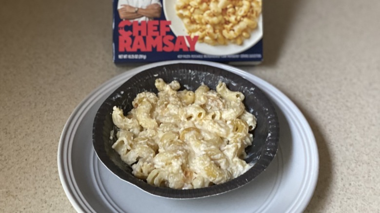 Warmed plate of frozen macaroni meal