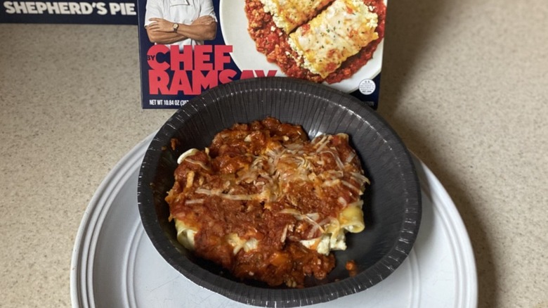 Reheated lasagna Chef Ramsay meal on plate 