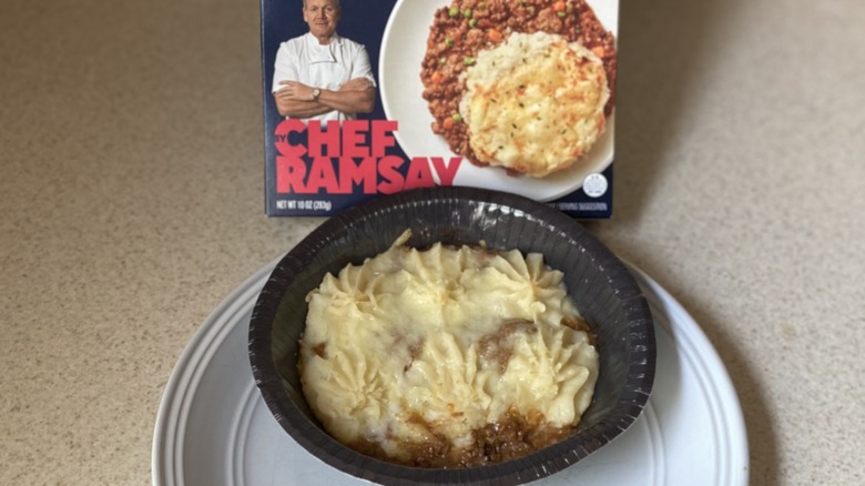 Warmed Shepherd's pie frozen meal with box