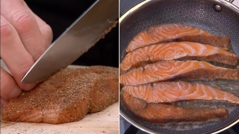 salmon cut into thin strips