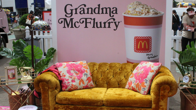 Grandma McFlurry sign behind vintage sofa