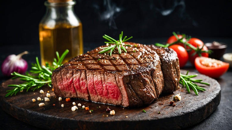 close up of seared ribeye steak