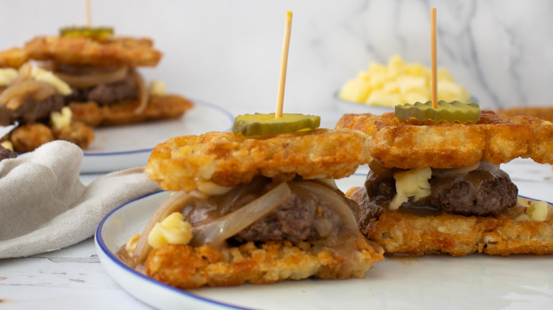 burgers on tater tot waffles