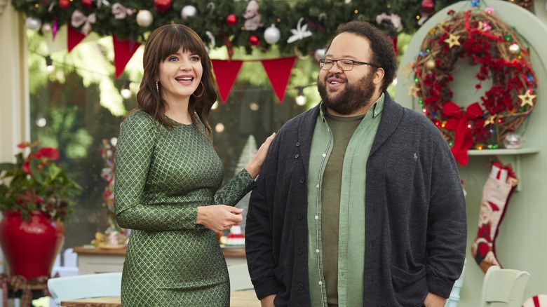 Zach Cherry and Casey Wilson on set of Great American Baking Show