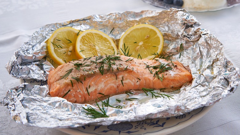 Salmon baked in aluminum foil 