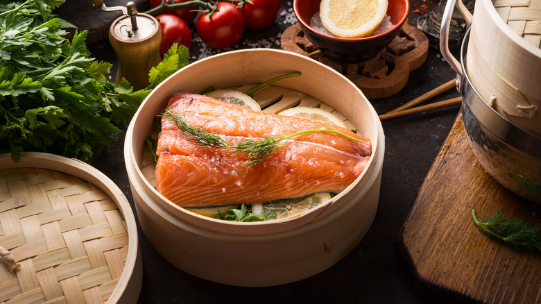 Salmon in a steamer basket 