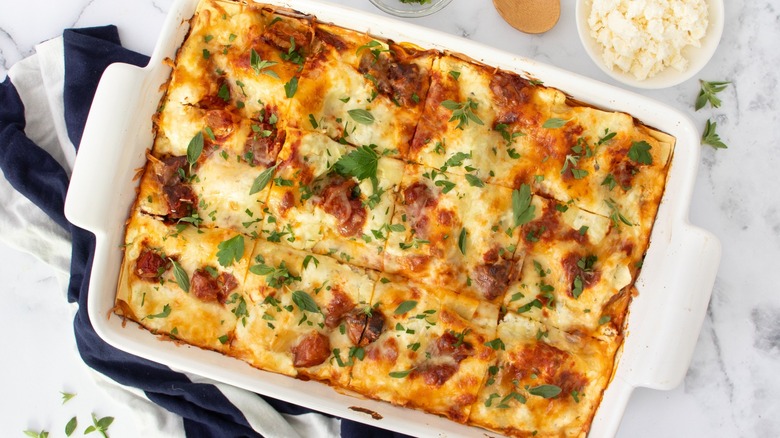 Greek-Inspired Stifado Lasagna in pan