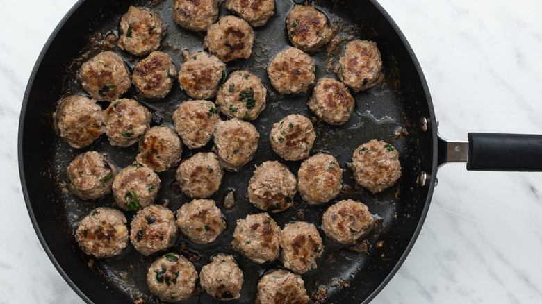 greek meatballs in skillet 