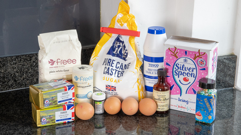 ombre cake ingredients on counter 