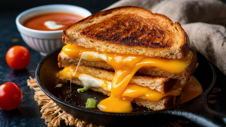 Grilled cheese sandwich sliced in half with melting cheese and a side of tomato soup