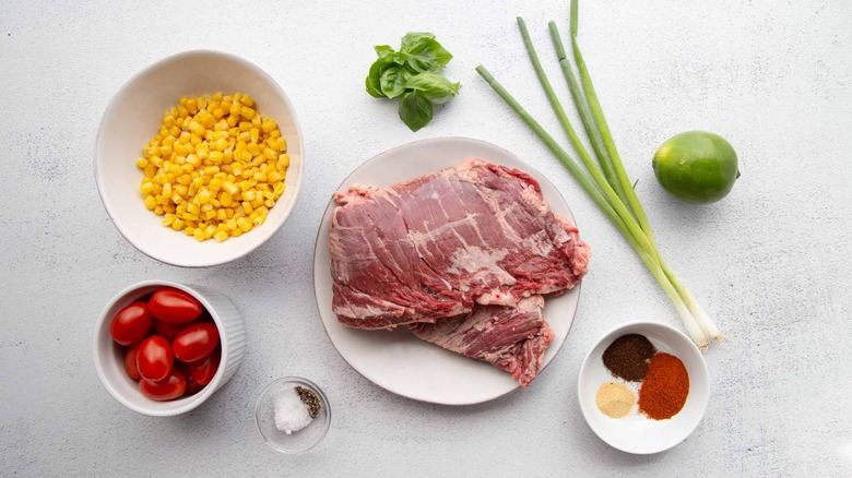 ingredients for skirt steak with tomato and corn salsa