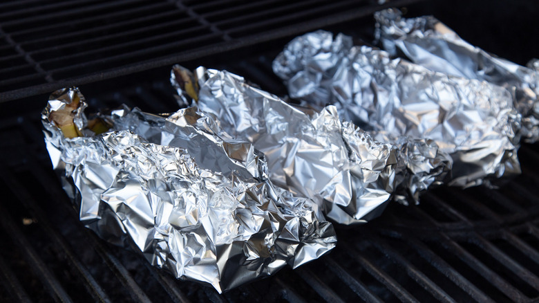 Foil-wrapped bananas on grill