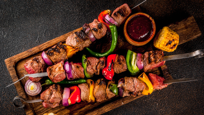 Grilled kebabs on metal skewers