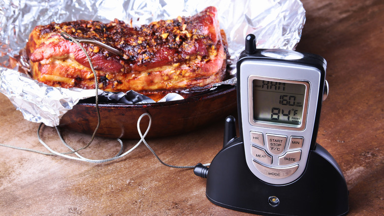 Digital thermometer checking cooked meat