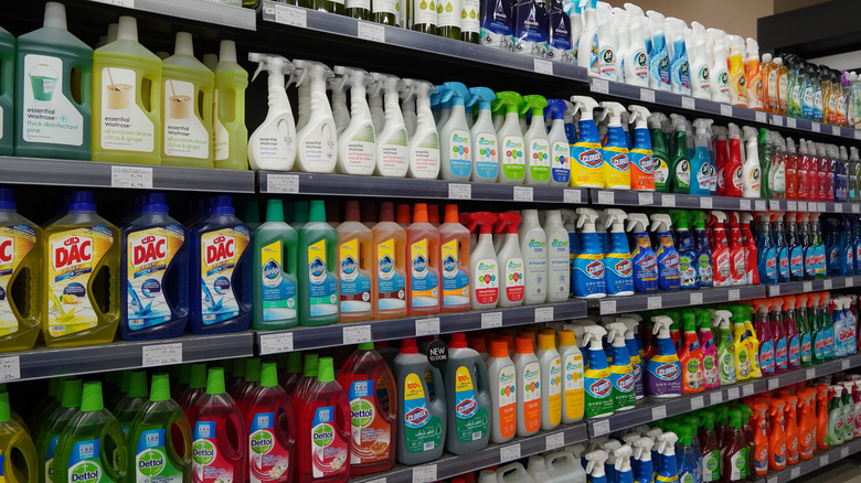 Cleaning supplies on shelves