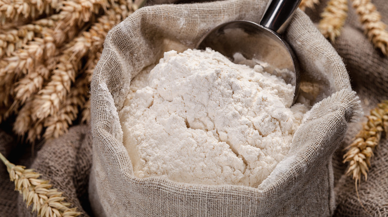 Burlap bag of white flour with metal scoop