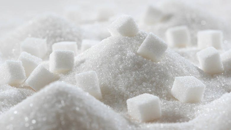 Sugar cubes nestled in a pile of white sugar