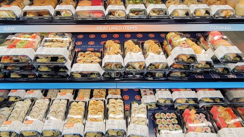 prepackaged grocery store sushi display