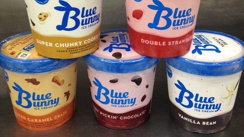 stack of Blue Bunny ice cream pints