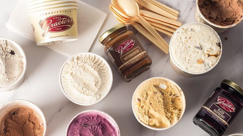 pints and cups of graeter's ice cream and toppings