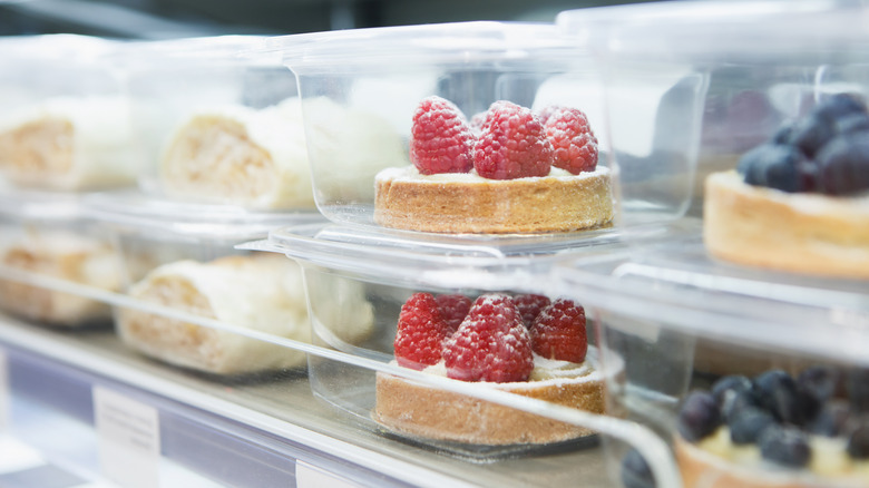 Cakes in grocery store case