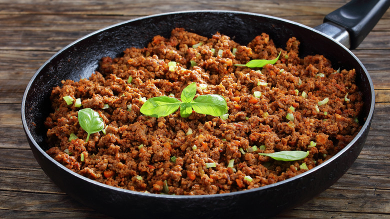 cooked ground beef in pan